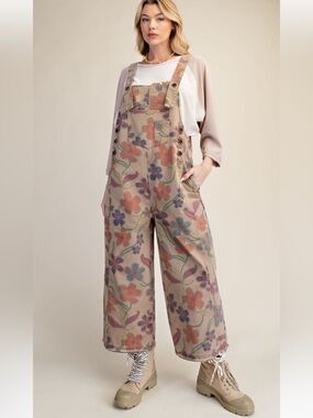Easel Cropped Floral Overalls S